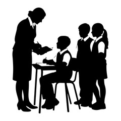 Teacher instructing students at desk classroom learning