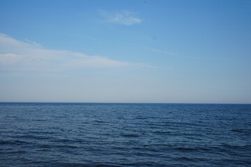 Obraz premium Calm sea horizon under a soft cloudy sky. Gentle waves and distant coastline create a peaceful minimalist seascape. Natural light and muted colors convey a quiet, relaxing atmosphere.