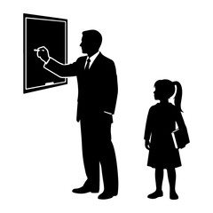 Teacher writing on blackboard with student watching