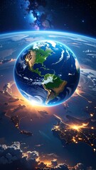 Earth from space, vibrant colors, city lights