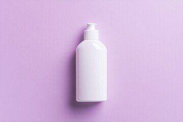 White plastic bottle with pump dispenser on a light purple background.
