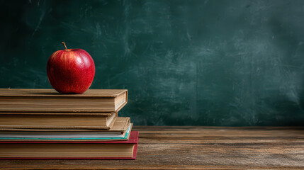 Teacher’s Day and Back to School Classroom Desk with Books, Apple, Globe, and School Supplies on Green Chalkboard Background