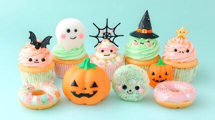 Halloween cupcakes and donuts with fun faces placed on pastel gradient surface 