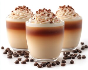 Three layered coffee drinks in clear glasses, topped with whipped cream and cocoa powder