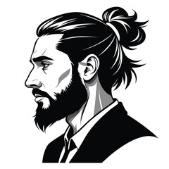 Man with Beard and Man Bun – Black and White Vector Portrait in Profile