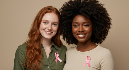 Diverse women proudly wear pink ribbons symbolizing solidarity and support for breast cancer awareness campaigns and community outreach initiatives