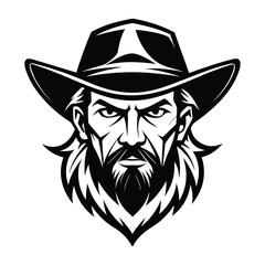 Cowboy Face Illustration – Black and White Vector of Bearded Man in Western Hat