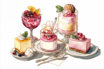 Watercolor illustration of premium vegan dessert assortment with elegant plating and soft romantic tones, isolated on white background