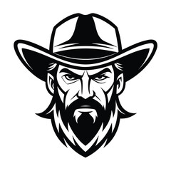Cowboy Face Illustration – Black and White Vector of Bearded Man in Western Hat