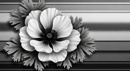 A striking black and white illustration of a single anemone flower with detailed petals and leaves against a striped background