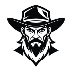Cowboy Portrait Illustration – Black and White Vector of Bearded Man in Hat and Bandana