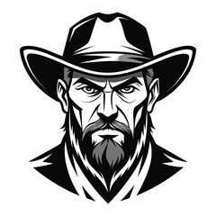 Cowboy Portrait Illustration – Black and White Vector of Bearded Man in Hat and Bandana
