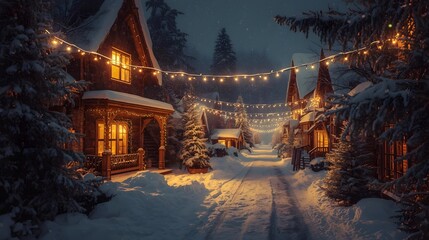 Charming winter village scene illuminated by festive lights at twilight
