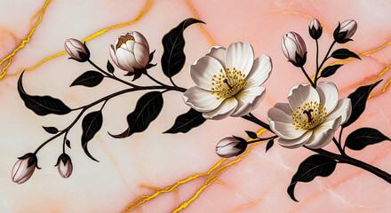 Delicate white cherry blossoms with dark leaves adorn a soft pink marble background with elegant gold veins