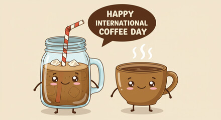 Adorable kawaii coffee cup and iced coffee mason jar character celebrating International Coffee Day with a cheerful vibe and sweet smiles