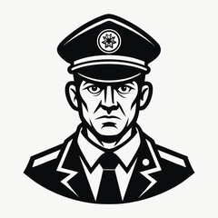 Police Officer Portrait – Black and White Vector Illustration of Law Enforcement Man in Uniform