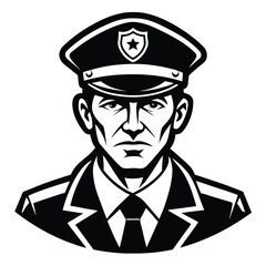 Police Officer Portrait – Black and White Vector Illustration of Law Enforcement Man in Uniform