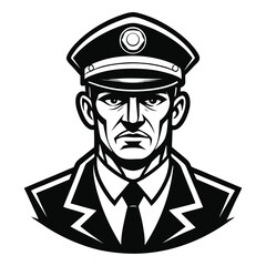 Police Officer Portrait – Black and White Vector Illustration of Law Enforcement Man in Uniform
