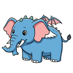 Cute blue elephant character with dragon wings, small spikes, and fantasy design. Adorable cartoon style animal illustration for children’s projects, stickers, merchandise, and creative designs.