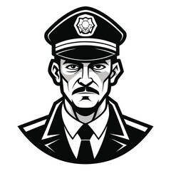 Police Officer Portrait – Black and White Vector Illustration of Law Enforcement Man in Uniform