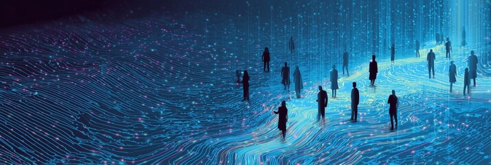 abstract digital map with glowing lines and people standing on it, against a blue background Generative AI