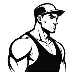 Strong Man Illustration – Black and White Vector of Muscular Athlete in Cap