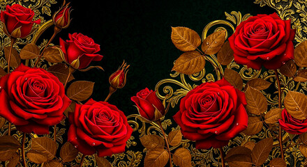 Rich red roses with dark leaves and ornate gold scrollwork bloom vibrantly against a deep emerald green textured background, creating a dramatic and luxurious effect