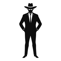 Cowboy in Suit Silhouette – Black Vector Illustration of Man in Hat and Tie
