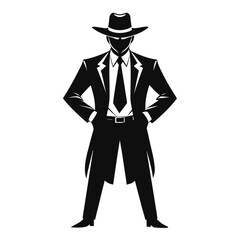 Cowboy in Suit Silhouette – Black Vector Illustration of Man in Hat and Tie