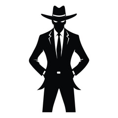 Cowboy in Suit Silhouette – Black Vector Illustration of Man in Hat and Tie