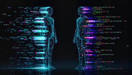 Futuristic coding hologram with two digital humans