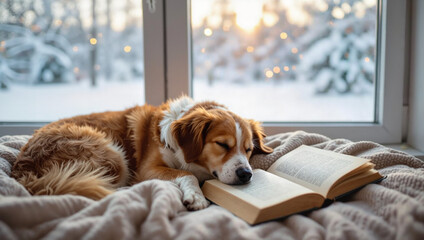 Cozy winter scene with dog sleeping near book by window