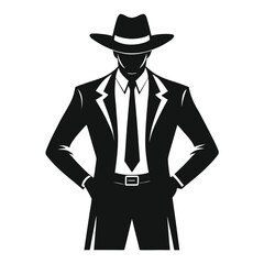 Cowboy in Suit Silhouette – Black Vector Illustration of Man in Hat and Tie