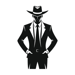 Cowboy in Suit Silhouette – Black Vector Illustration of Man in Hat and Tie