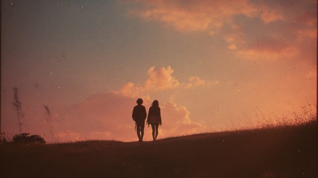 Silhouette of couple walking at sunset Romantic couple love concept Dramatic sky background - Powered by Adobe