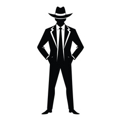 Cowboy in Suit Silhouette – Black Vector Illustration of Man in Hat and Tie