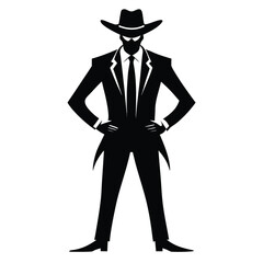 Cowboy in Suit Silhouette – Black Vector Illustration of Man in Hat and Tie
