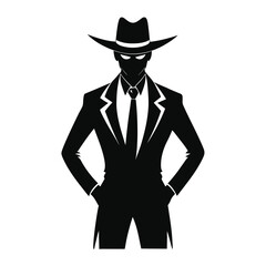 Cowboy in Suit Silhouette – Black Vector Illustration of Man in Hat and Tie