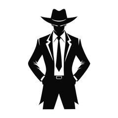Cowboy in Suit Silhouette – Black Vector Illustration of Man in Hat and Tie