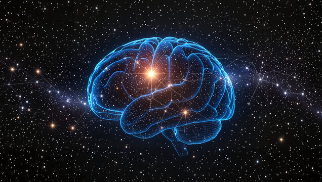 Digital hologram brain in space with stars