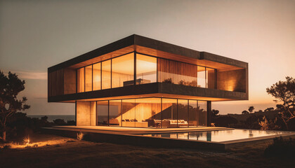 Modern house in cement by evening, exterior view