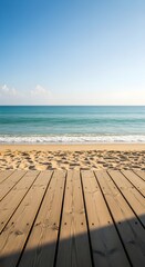 Fototapeta premium Wooden deck overlooking sandy beach gentle ocean waves and a clear blue sky