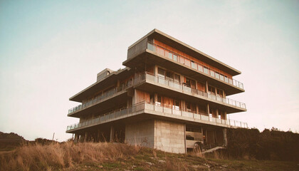 Building in poor condition, view from an unkempt lawn