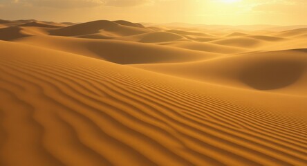 Golden desert dunes stretch into the distance under a warm, golden light, showcasing intricate patterns of windswept sand.