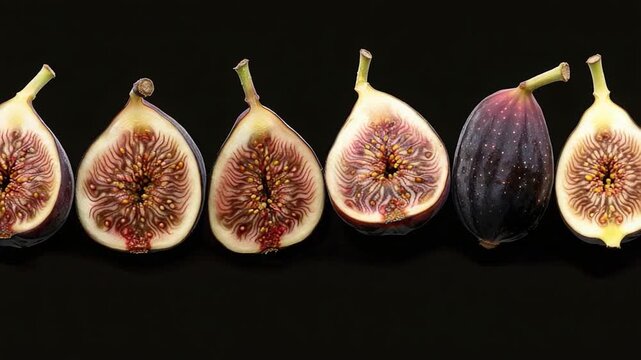 A row of fresh figs on a black surface