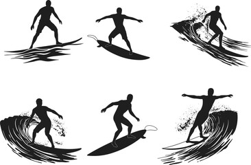 Photographer silhouette set showing DSLR camera, tripod setup, outdoor posture, photography gear, backpack, and shooting stance in vector design