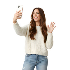 Happy Young Woman Making Video Call on Smartphone on white background