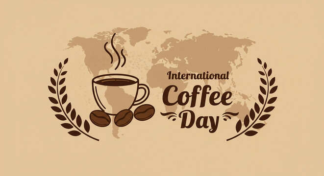 Celebrate the world's favorite beverage on International Coffee Day with a steaming cup, rich beans, and a global map motif, perfect for promotions and greetings.