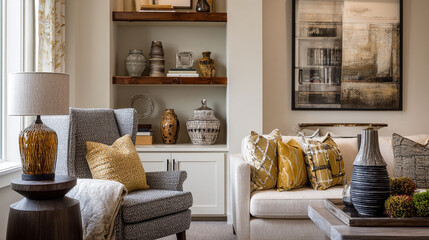 Modern living room design with beige sofa grey armchair built in shelves and decorative vases