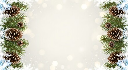 Festive christmas border with pine branches, pine cones, snowflakes, and bokeh lights on a soft, light background